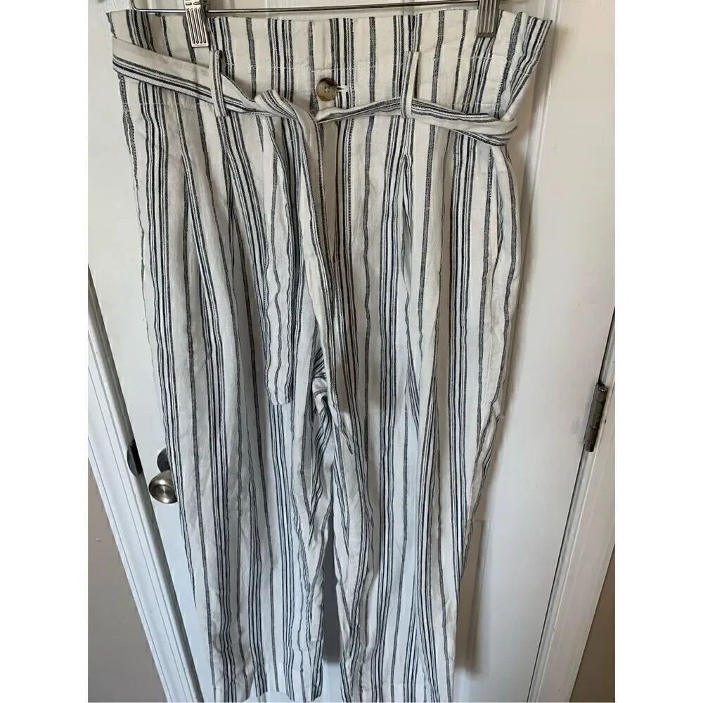 Madewell Linen-Cotton Paperbag Pants in Dark Baltic Stripe ankle pants size 6